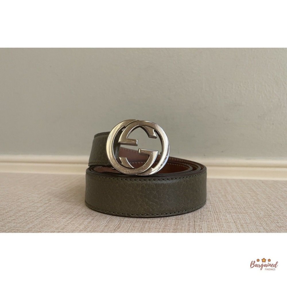 Authentic GUCCI Greenish-Gray Leather Silver Interlocking G Buckle Belt 85/34 - Picture 12 of 13
